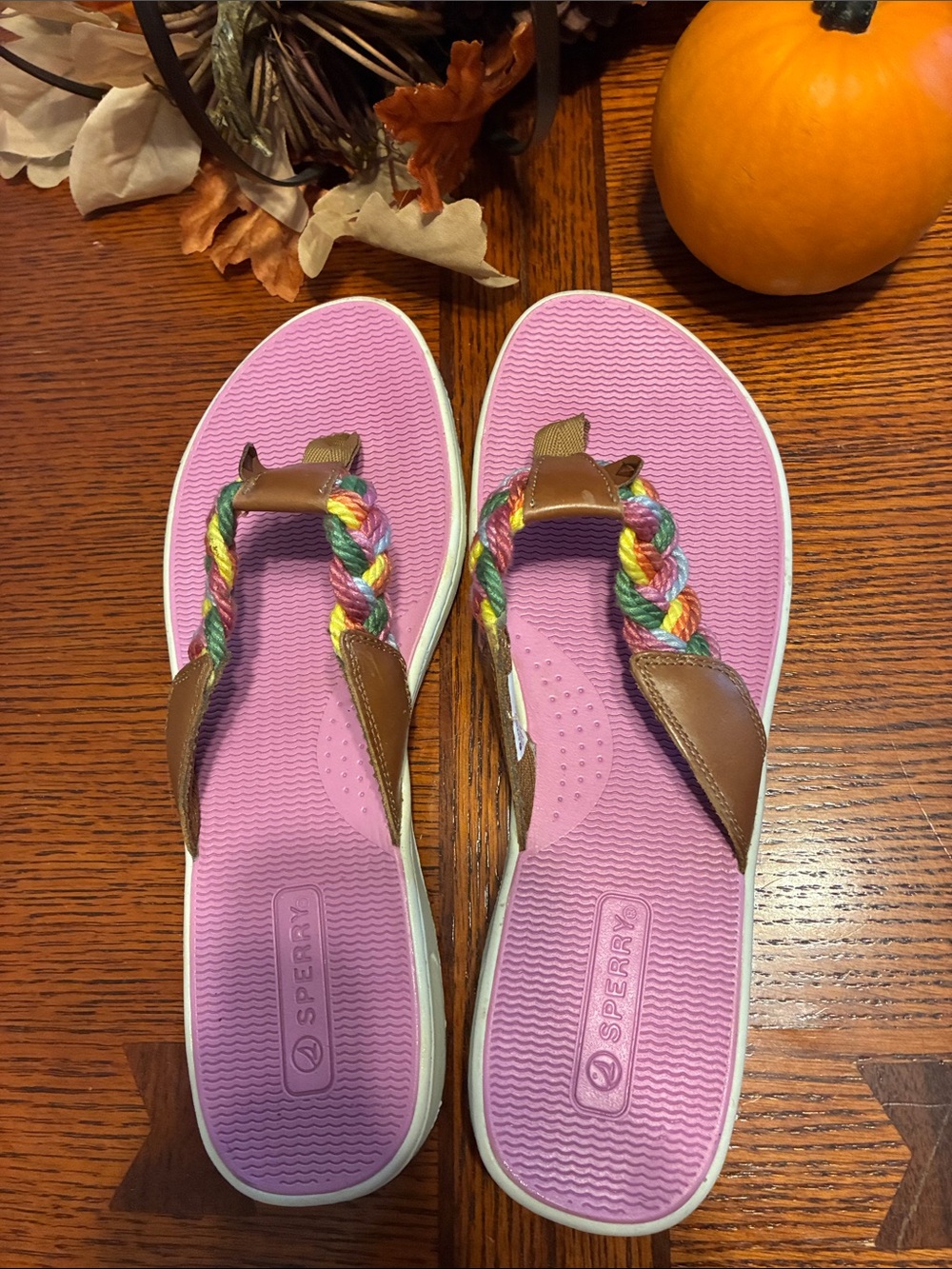 Sperry Girls Pink Flip Flops with Multicolor Braided Strap